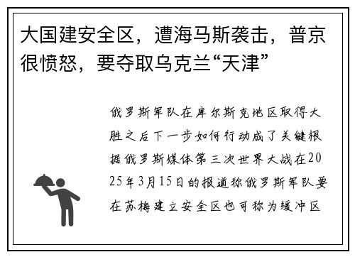 大国建安全区，遭海马斯袭击，普京很愤怒，要夺取乌克兰“天津”