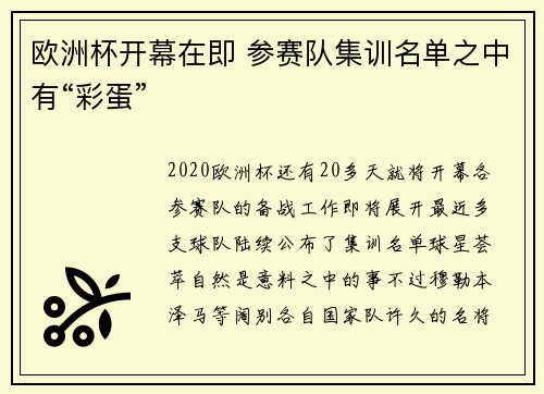 欧洲杯开幕在即 参赛队集训名单之中有“彩蛋”