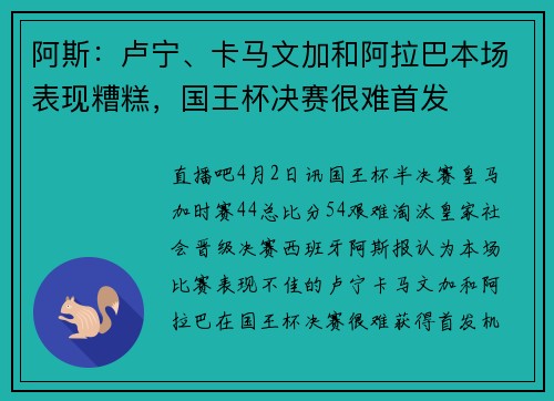 阿斯：卢宁、卡马文加和阿拉巴本场表现糟糕，国王杯决赛很难首发